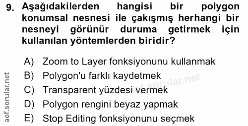 9. soru: Aşağıdakilerden hangisi bir polygon konumsal nesnesi ile çakışmış herhangi bir nesneyi görünür duruma getirmek için k…