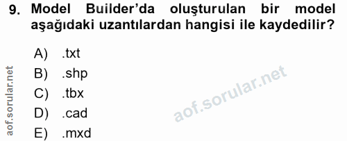 9. soru: Model Bulder'da oluşturulan bir model aşağıdaki uzantılardan hangisi ile kaydedilir? A) .txt B) .shp C) .tbx D) .cad…