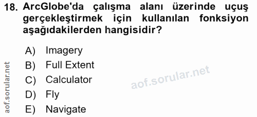 18. soru: ArcGlobe'da çalışma alanı üzerinde uçuş gerçekleştirmek için kullanılan fonksiyon aşağıdakilerden hangisidir? A) Imag…