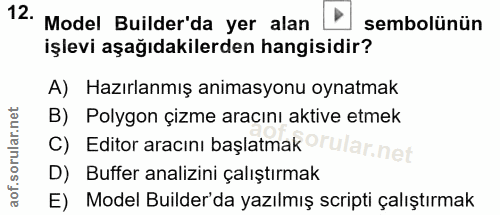 12. soru: Model Bulder'da yer alan işlevi aşağıdakilerden hangisidir? sembolünün A) Hazırlanmış animasyonu oynatmak B) Polygon…