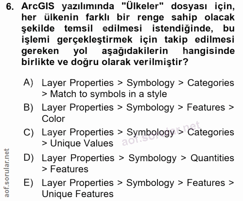6. soru: ArcGIS yazılımında "Ülkeler" dosyası için, her ülkenin farklı bir renge sahip olacak şekilde temsil edilmesi istendiğ…