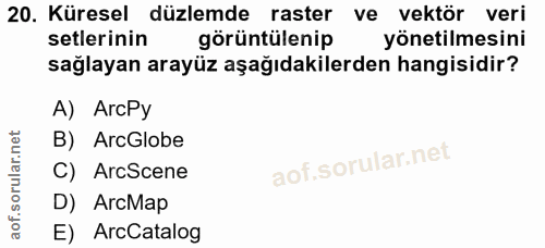 20. soru: Küresel düzlemde raster ve vektör veri setlerinin görüntülenip yönetilmesini sağlayan arayüz aşağıdakilerden hangisid…