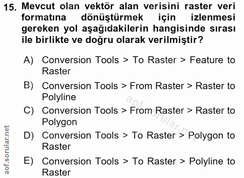 15. soru: Mevcut olan vektör alan verisini raster veri formatına dönüştürmek için izlenmesi gereken yol aşağıdakilerin hangisin…