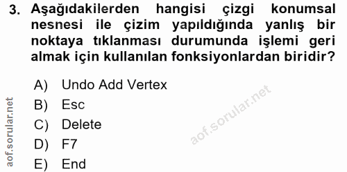 3. soru: Aşağıdakilerden hangisi çizgi konumsal nesnesi ile çizim yapıldığında yanlış bir noktaya tıklanması durumunda işlemi…