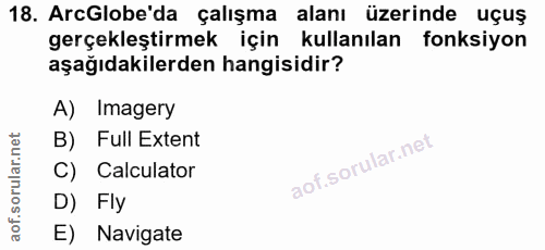 18. soru: ArcGlobe'da çalışma alanı üzerinde uçuş gerçekleştirmek için kullanılan fonksiyon aşağıdakilerden hangisidir? A) Imag…