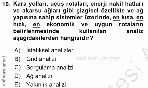 10. soru: Kara yolları, uçuş rotaları, enerji nakil hatları ve akarsu ağları gibi çizgisel özellikte ve ağ yapısına sahip siste…