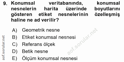 9. soru: Konumsal veritabanında, konumsal nesnelerin harita üzerinde boyutlarını gösteren etiket nesnelerinin özelleşmiş halin…