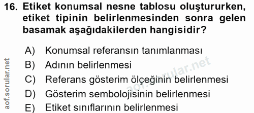16. soru: Etiket konumsal nesne tablosu oluştururken, etiket tipinin belirlenmesinden sonra gelen basamak aşağıdakilerden hangi…