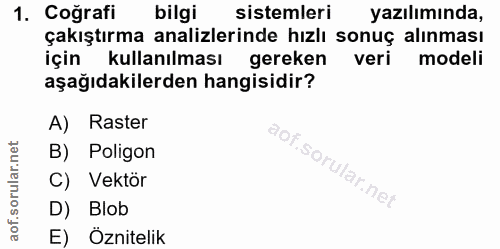 1. soru: Coğrafi bilgi sistemleri yazılımında, çakıştırma analizlerinde hızlı sonuç alınması için kullanılması gereken veri mo…