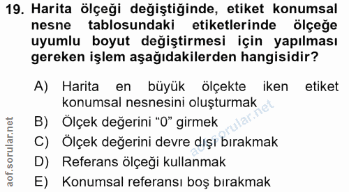 19. soru: Harita ölçeği değiştiğinde, etiket konumsal nesne tablosundaki etiketlerinde ölçeğe uyumlu boyut değiştirmesi için ya…