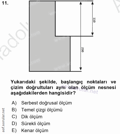 11. soru: Yukarıdaki şekilde, başlangıç noktaları ve çizim doğrultuları aynı olan ölçüm nesnesi aşağıdakilerden hangisidir? A)…
