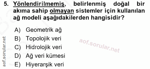 5. soru: Yönlendirilmemiş, belirlenmiş doğal bir akıma sahip olmayan sistemler için kullanılan ağ modeli aşağıdakilerden hangi…