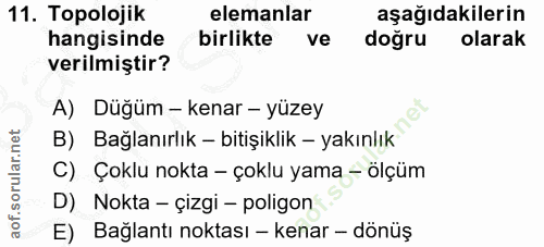 11. soru: Topolojik elemanlar aşağıdakilerin hangisinde birlikte ve doğru olarak verilmiştir? A) Düğüm - kenar - yüzey B) Bağla…