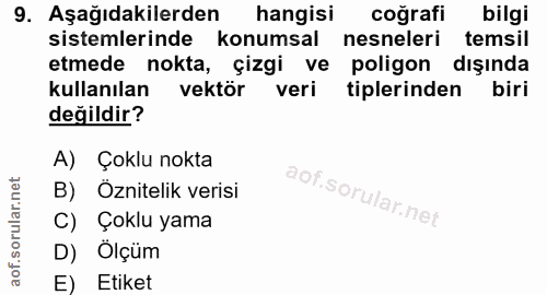 9. soru: Aşağıdakilerden hangisi coğrafi bilgi sistemlerinde konumsal nesneleri temsil etmede nokta, çizgi ve poligon dışında…