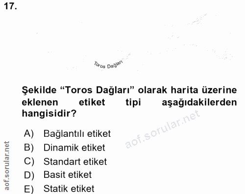 17. soru: Toros Daglars Şekilde "Toros Dağları" olarak harita üzerine eklenen etiket tipi aşağıdakilerden hangisidir? A) Bağlan…