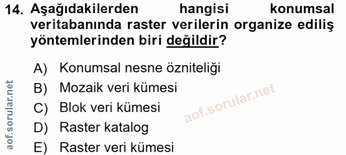 14. soru: Aşağıdakilerden hangisi konumsal veritabanında raster verilerin organize ediliş yöntemlerinden biri değildir? A) Konu…