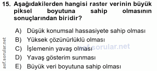 15. soru: Aşağıdakilerden hangisi raster verinin büyük piksel boyutuna sahip olmasının sonuçlarından biridir? A) Düşük konumsal…