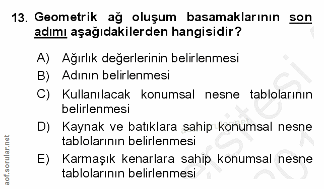 13. soru: Geometrik ag oluşum basamaklarının son adımı aşağıdakilerden hangisidir? A) Ağırlık değerlerinin belirlenmesi B) Adın…