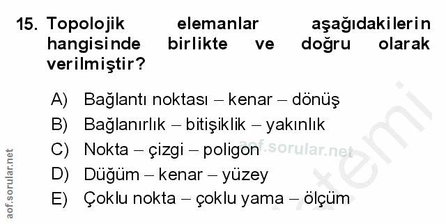 15. soru: Topolojik elemanlar aşağıdakilerin hangisinde birlikte doğru olarak verilmiştir? A) Bağlantı noktası — kenar - dönüş…