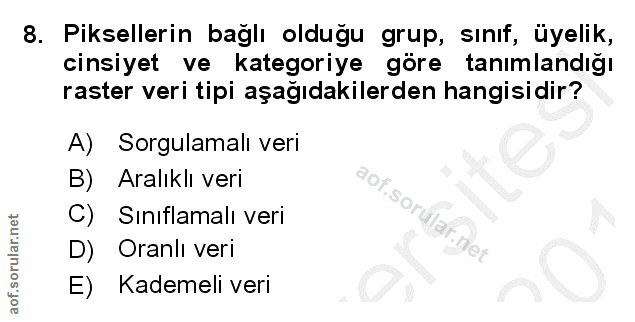 8. soru: Piksellerin bağlı olduğu grup, sınıf, üyelik, cinsiyet ve kategoriye göre tanımlandığı raster veri tipi aşağıdakilerd…