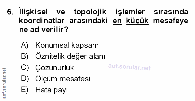 6. soru: İlişkisel ve topolojik işlemler sırasında koordinatlar arasındaki en küçük mesafeye ne ad verilir? A) Konumsal kapsam…