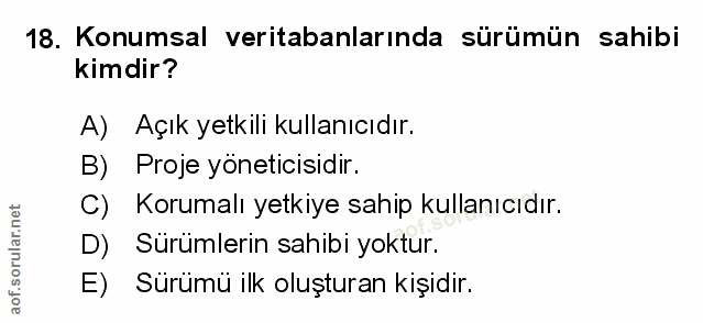 18. soru: Konumsal veritabanlarında sürümün sahibi kimdir? A) Açık yetkili kullanıcıdır. B) Proje yöneticisidir. C) Korumalı ye…