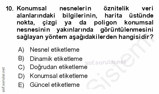 10. soru: Konumsal nesnelerin öznitelik veri alanlarındaki bilgilerinin, harita üstünde nokta, çizgi ya da poligon konumsal nes…