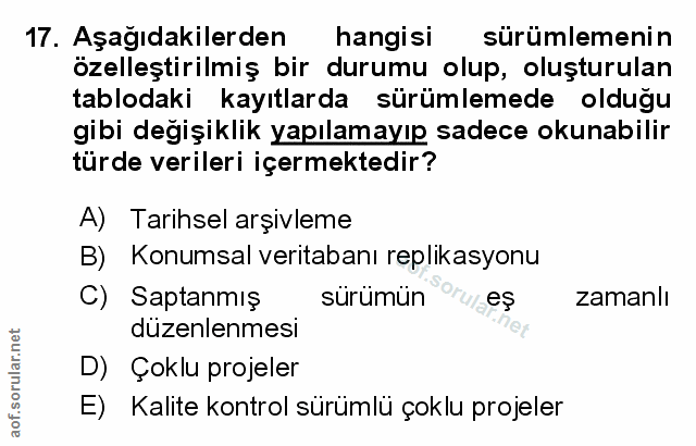 17. soru: Aşağıdakilerden hangisi sürümlemenin özelleştirilmiş bir durumu olup, oluşturulan tablodaki kayıtlarda sürümlemede ol…