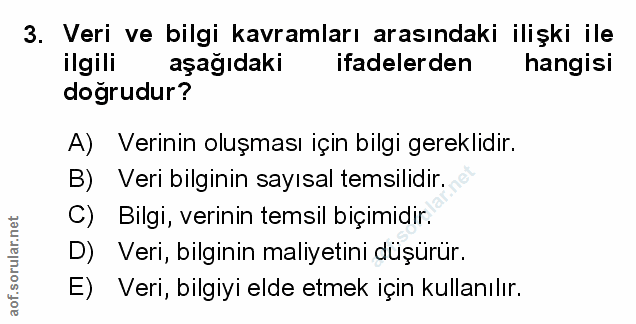 3. soru: Veri ve bilgi kavramları arasındaki ilişki ile ilgili aşağıdaki ifadelerden hangisi dogrudur? A) Verinin oluşması içi…