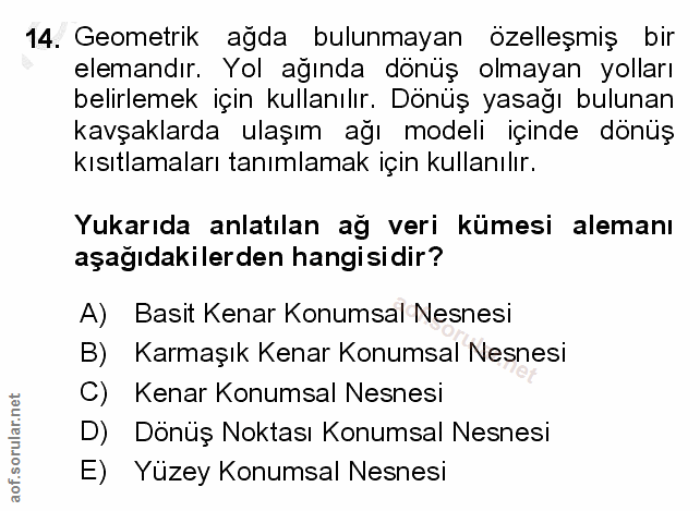 14. soru: Geometrik ağda bulunmayan özelleşmiş bir elemandır. Yol ağında dönüş olmayan yolları belirlemek için kullanılır. Dönü…