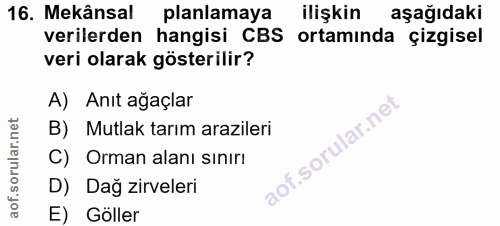 16. soru: Mekânsal planlamaya ilişkin aşağıdaki verilerden hangisi CBS ortamında çizgisel veri olarak gösterilir? A) Anıt ağaçl…