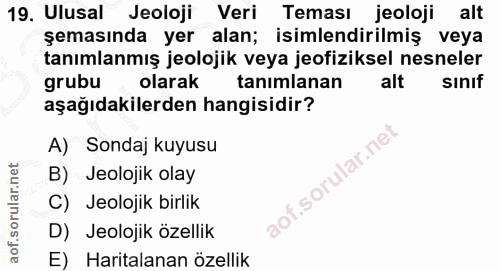 19. soru: Ulusal Jeoloji Veri Teması jeoloji alt şemasında yer alan; isimlendirilmiş veya tanımlanmış jeolojik veya jeofiziksel…