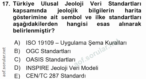 17. soru: Türkiye Ulusal Jeoloji Veri Standartları kapsamında jeolojik bilgilerin harita gösterimine ait sembol ve ilke standar…