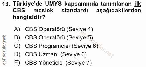 13. soru: Türkiye'de UMYS kapsamında tanımlanan ilk CBS meslek standardı aşağıdakilerden hangisidir? A) CBS Operatörü (Seviye 4…