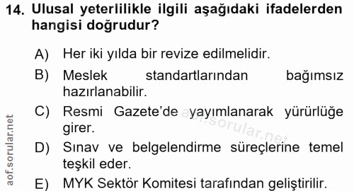 14. soru: Ulusal yeterlilikle ilgili aşağıdaki ifadelerden hangisi doğrudur? A) Her iki yılda bir revize edilmelidir. B) Meslek…