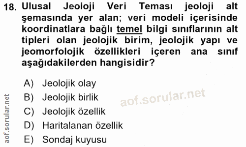 18. soru: Ulusal Jeoloji Veri Teması jeoloji alt şemasında yer alan; veri modeli içerisinde koordinatlara bağlı temel bilgi sın…