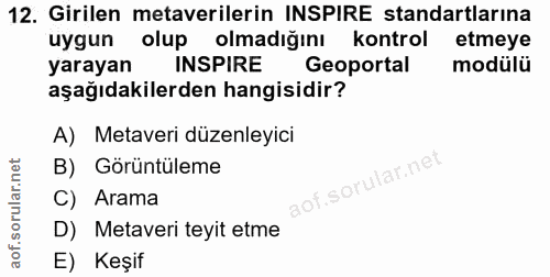 12. soru: Girilen metaverilerin INSPIRE standartlarına uygun olup olmadığını kontrol etmeye yarayan INSPIRE Geoportal modülü aş…