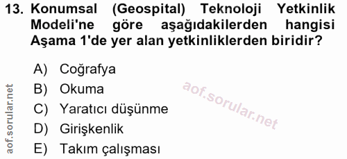 13. soru: Konumsal (Geospital) Teknoloji Yetkinlik Modeli'ne göre aşağıdakilerden hangisi Aşama 1'de yer alan yetkinliklerden b…