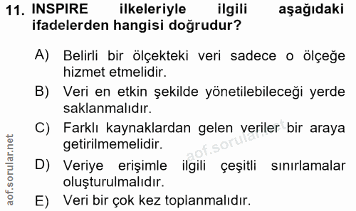 11. soru: INSPIRE ilkeleriyle ilgili aşağıdaki ifadelerden hangisi doğrudur? A) Belirli bir ölçekteki veri sadece o ölçeğe hizm…
