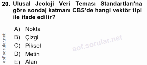 20. soru: Ulusal Jeoloji Veri Teması Standartları'na göre sondaj katmanı CBS'de hangi vektör tipi ile ifade edilir? A) Nokta B)…