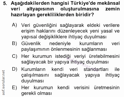 5. soru: Aşağıdakilerden hangisi Türkiye'de mekânsal veri altyapısının oluşturulmasına zemin hazırlayan gerekliliklerden birid…