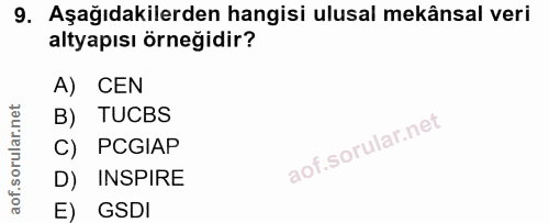9. soru: Aşağıdakilerden hangisi ulusal mekânsal veri altyapısı örneğidir? A) CEN B) TUCBS C) PCGIAP D) INSPIRE E) GSDI