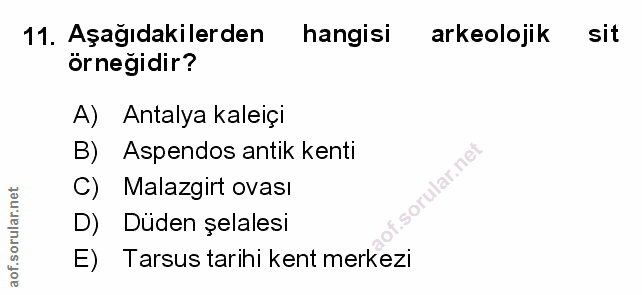 11. soru: Aşağıdakilerden hangisi arkeolojik sit örneğidir? A) Antalya kaleiçi B) Aspendos antik kenti C) Malazgirt ovası D) Dü…