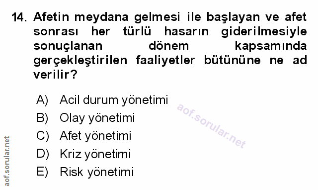 14. soru: Afetin meydana gelmesi ile başlayan ve afet sonrası her türlü hasarın giderilmesiyle sonuçlanan dönem kapsamında gerç…
