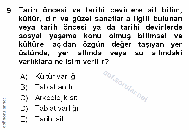 9. soru: Tarih öncesi ve tarihi devirlere ait bilim, kültür, din ve güzel sanatlarla ilgili bulunan veya tarih öncesi ya da ta…