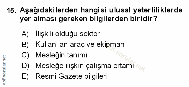 15. soru: Aşağıdakilerden hangisi ulusal yeterliliklerde yer alması gereken bilgilerden biridir? A) Ilişkili olduğu sektör B) K…