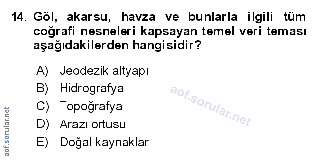 14. soru: Göl, akarsu, havza ve bunlarla ilgili tüm coğrafi nesneleri kapsayan temel veri teması aşağıdakilerden hangisidir? A)…