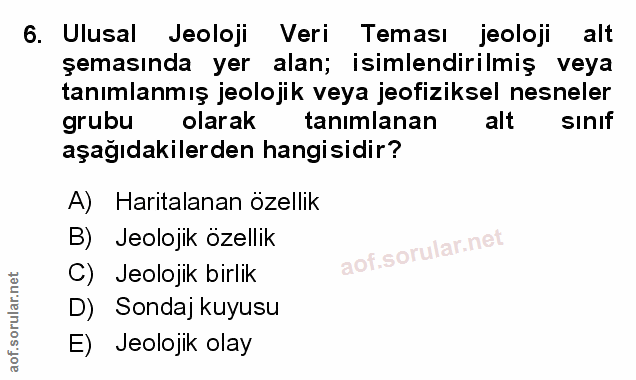 6. soru: Ulusal Jeoloji Veri Teması jeoloji alt şemasında yer alan; isimlendirilmiş veya tanımlanmış jeolojik veya jeofiziksel…