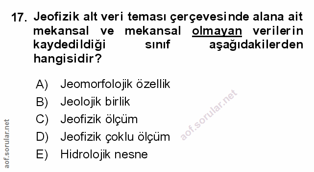 17. soru: Jeofizik alt veri teması çerçevesinde alana ait mekansal ve mekansal olmayan verilerin kaydedildiği sınıf aşağıdakile…
