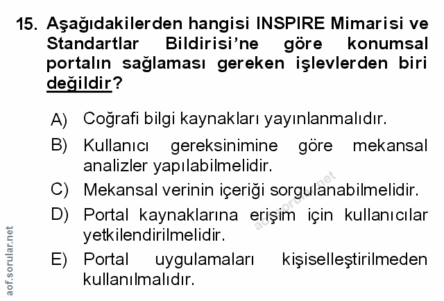 15. soru: Aşağıdakilerden hangisi INSPIRE Mimarisi ve Standartlar Bildirisi'ne göre konumsal portalın sağlaması gereken işlevle…